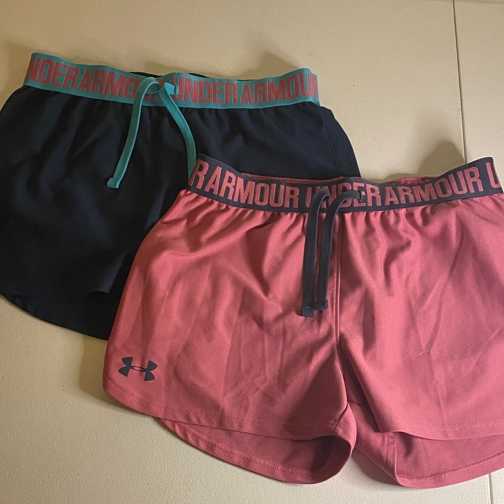 2 Under Armour Women's Athletic Shorts - Black and Coral Sz Youth L